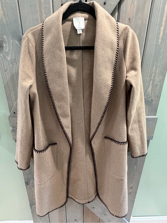 Joie Jackets & Blazers - Joie Women’s M Taupe Long Open Front Sweater Coat Black Whipstitch Pockets